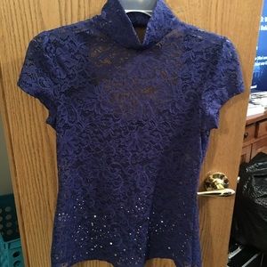 Blue High Neck Keyhole Back Lace Shirt